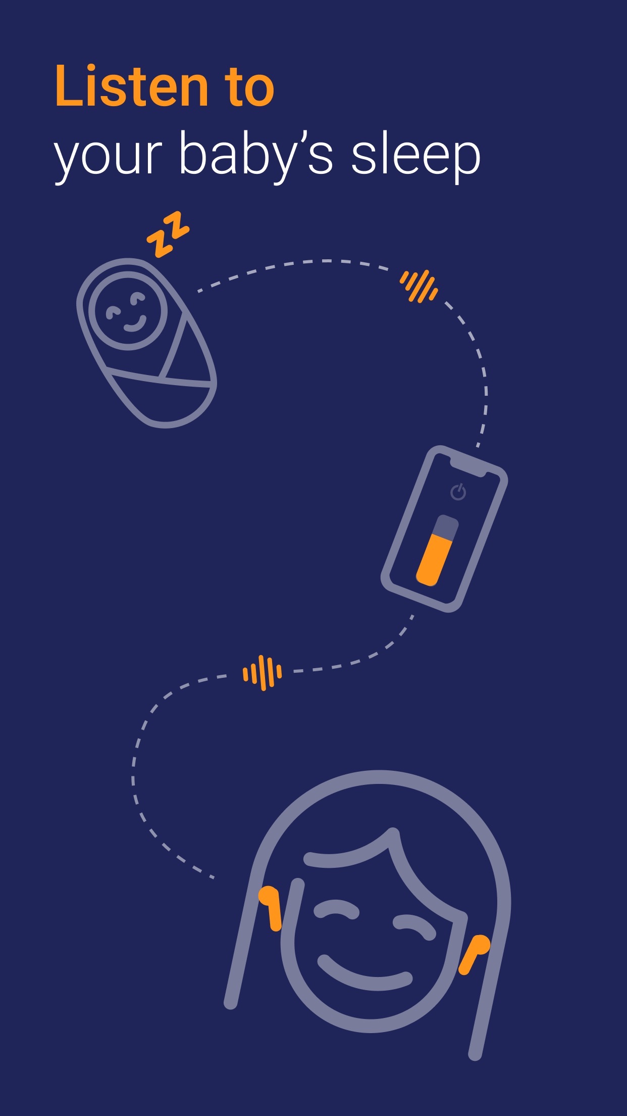 Diagram showing sound traveling from baby to phone to parent wearing earbuds
