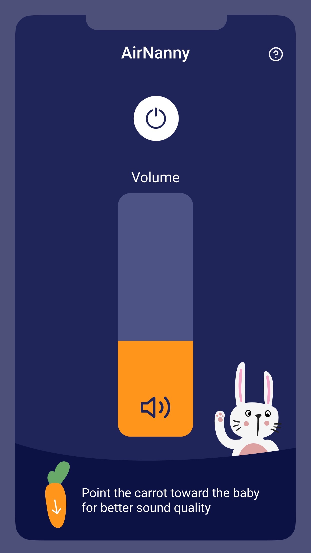 AirNanny volume screen with the tip to point the phone toward your baby for the clearest sound
