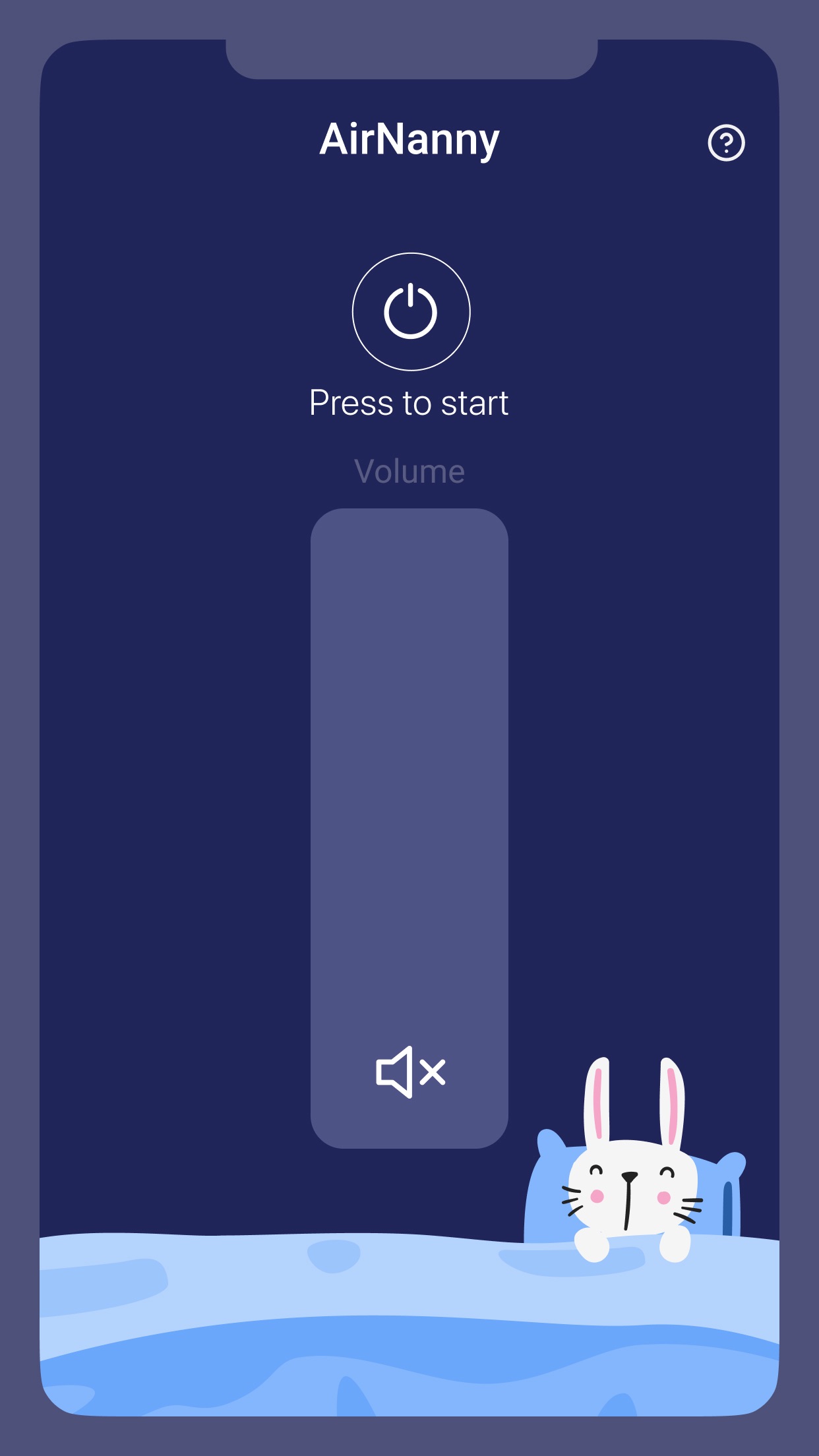 Main AirNanny monitor screen with a Press to start button and sleeping rabbit mascot